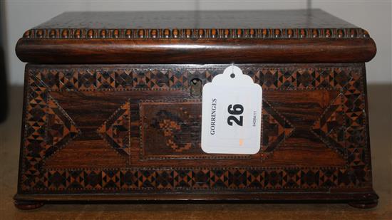 A Victorian rosewood Tunbridgeware jewellery casket, 9.5in.